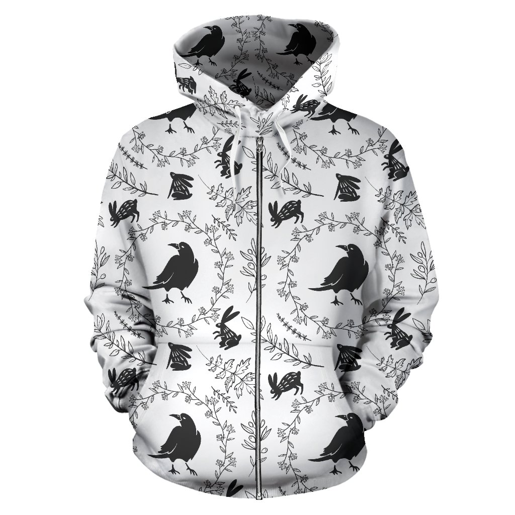 Crows Floral Wreath Rabbit Pattern Zip Up Hoodie