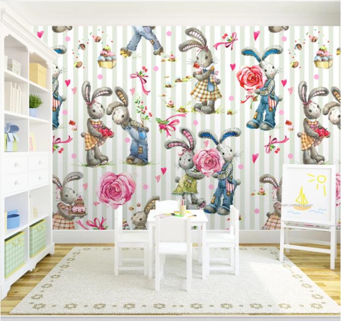 3D Cartoon Rabbit Rose Wall Mural Wallpaper 197