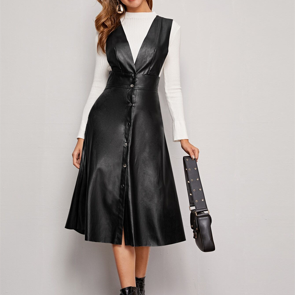 2021 Women’s Clothing Fall/Winter Collection Elegant Plunging Deep-V Neck Button Front Pocket PU Overall Dress alx