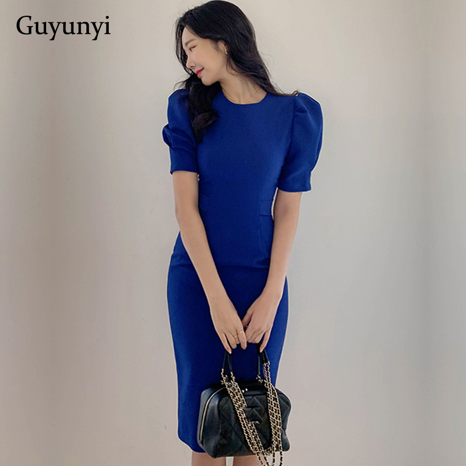 Blue Office Lady Dress 2022 Spring High Waist Pencil Fashion Simple Puff SleeveTemperament Women Elegant Party Dress Women alx