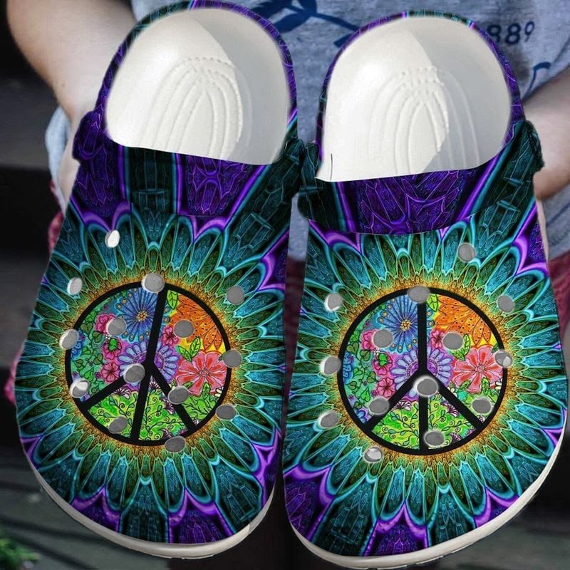 Peace Trippy Hippie Custom Crocs Shoes Clogs – Hippie Flower Beach Crocs Shoes Clogs Birthday Gift For Men Women