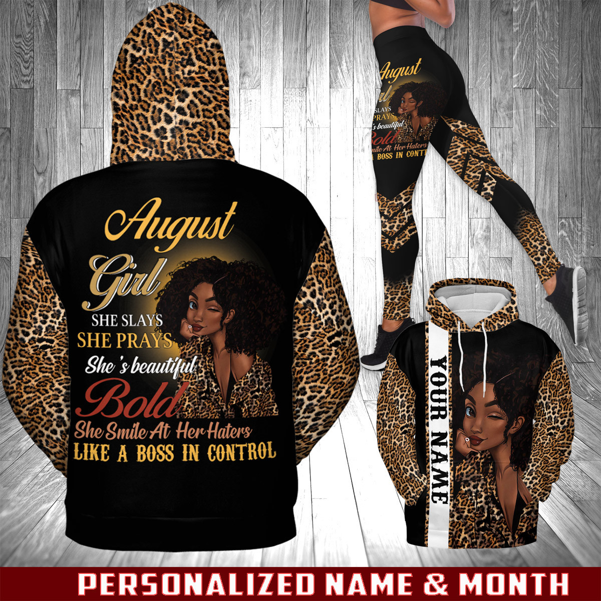 Personalized Name & Month Leopard Black Girl Like A Boss In Control Birthday Hoodie – Legging 3D