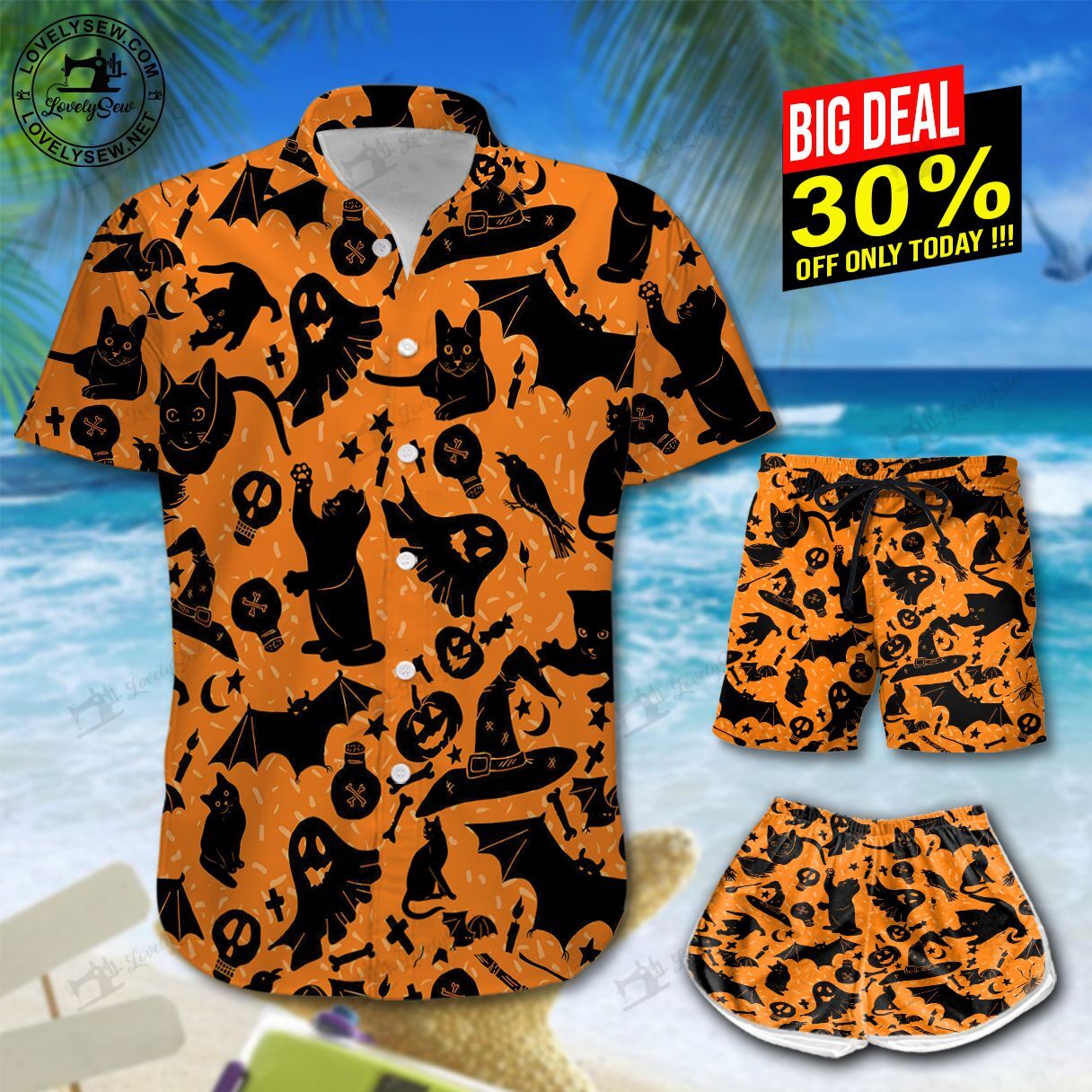 Halloween Black Cat Hawaiian Shirt Shorts Ha56599