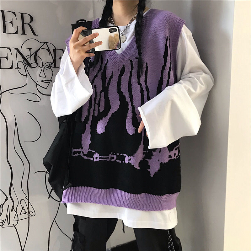 Sweater Vest Women Design Panelled High Street Harajuku V-neck Flame Pattern Knitted Sleeveless Sweaters Hip Hop Ulzzang Unisex alx