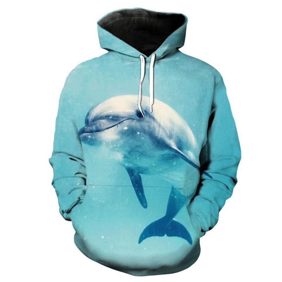 Blue Hoodie Cute Dolphin Print Casual Sportswear Pullover