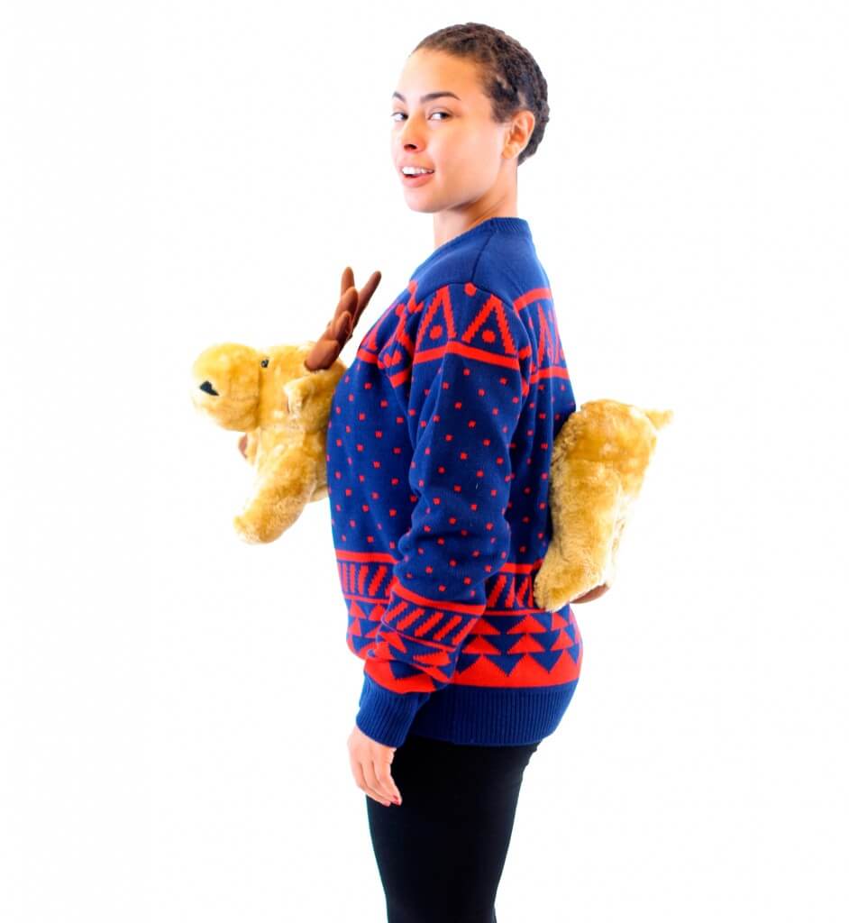 Women’S Navy 3-D Christmas Sweater With Stuffed Moose Ugly Christmas Sweater