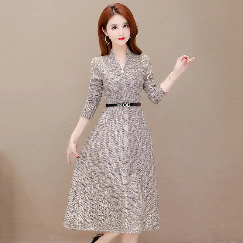 Women Sexy V-Neck Houndstooth Midi Dress Streetwear Spring Autumn Long Sleeve Dress Slim Waist Office Lady Suit Dress Plus Size alx