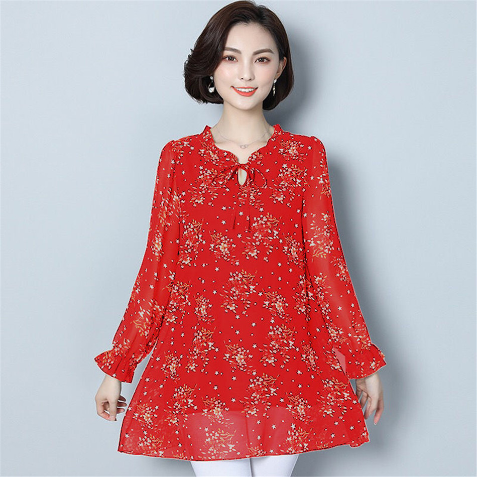 Spring Summer Women Mid-Length Floral Chiffon Shirts Long Sleeve O-Neck Casual Bluses Elegant Print Top Blusas MM1335 alx