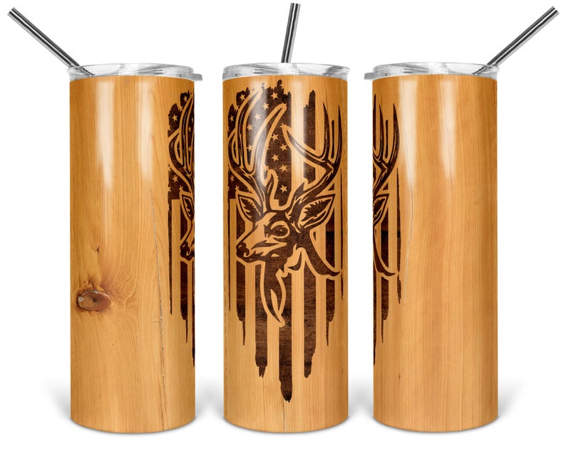 Wood Deer Hunting American Flage 20Oz Skinny Tumbler, Deer Hunting Gift, Hunting Tumbler