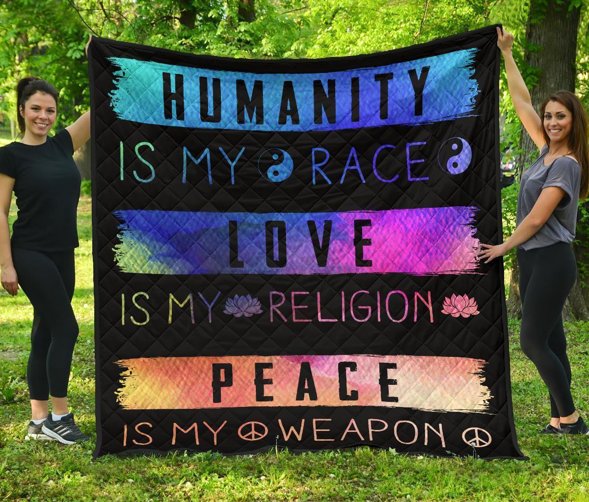 Humanity Is My Race Love And Peace Hippie Quilt Blanket Gift Idea