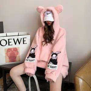 Cute Pink Hoodie Women Funny Oversized Korean Female Sweatshirt Funny High Street Rabbit Hoodie Streetwear Autumn Tops Women alx