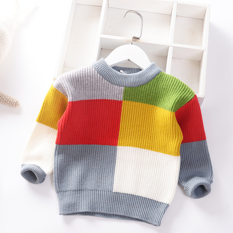 Autumn Winter 2022 New Baby Boys Sweater Girl Children Knitted Clothes Kids Pullover Jumper Toddler Sweater Plaid Color Matching alx