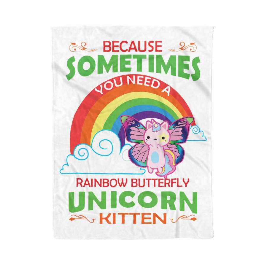 Rainbow Butterfly Unicorn Kitten Cat Lovers_ Cute White – Fleece Blanket