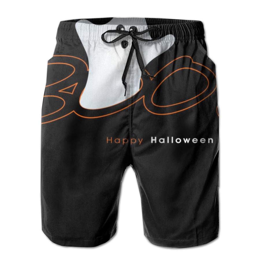 2 Pack Boo Happy Halloween Ghost Horizontal Poster Men Swim Trunks Drawstring Elastic Waist Quick Dry Beach Shorts with Mesh Lining Swimwear Bathing Suits