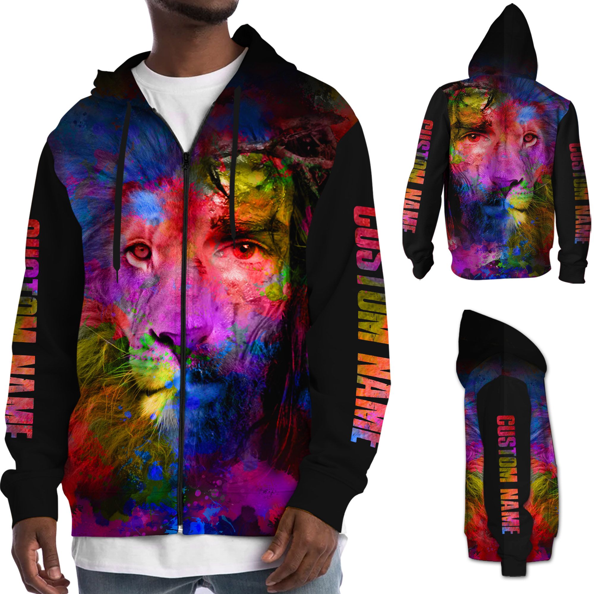 Watercolor Jesus And Lion Custom Name 3D Zip Hoodie Shirt For Jesus Lovers