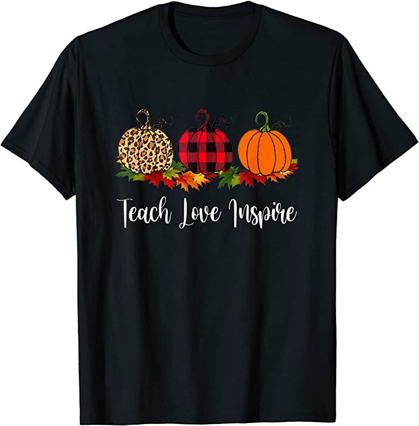 Teach Love Inspire Teacher Shirt Autumn Fall Pumpkin Leopard T-Shirt