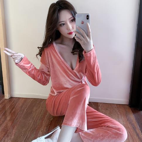 Women’s Pajamas Set Sexy Spring Autumn Sleepwear V Neck Fashion Gold Velvet Nightwear Large Size Home Clothes New Pijama Mujer alx