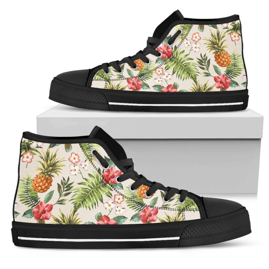 White Aloha Pineapple Pattern Print Men’s High Top Shoes