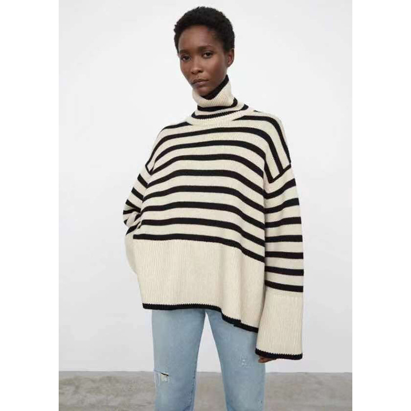 Women’S Striped Knitted Sweater High Neck Casual Style Loose Sweater 2021 Fall And Winter Women alx