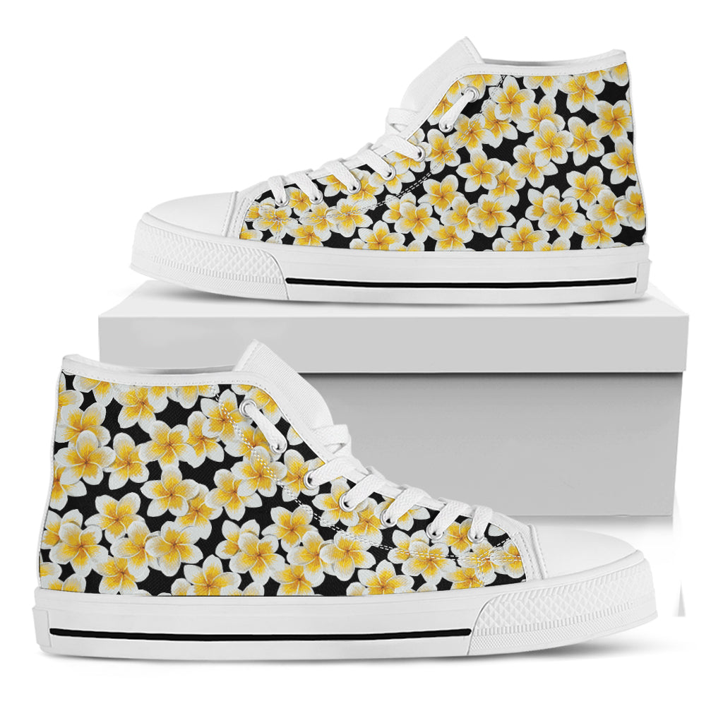 White And Black Frangipani Pattern Print White High Top Shoes