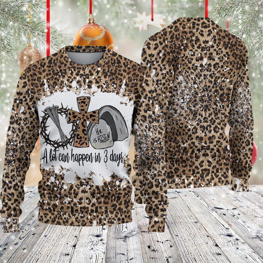 A Lot Happen In 3 Days Jesus Leopard Pattern Christmas 3D Knitted Sweater