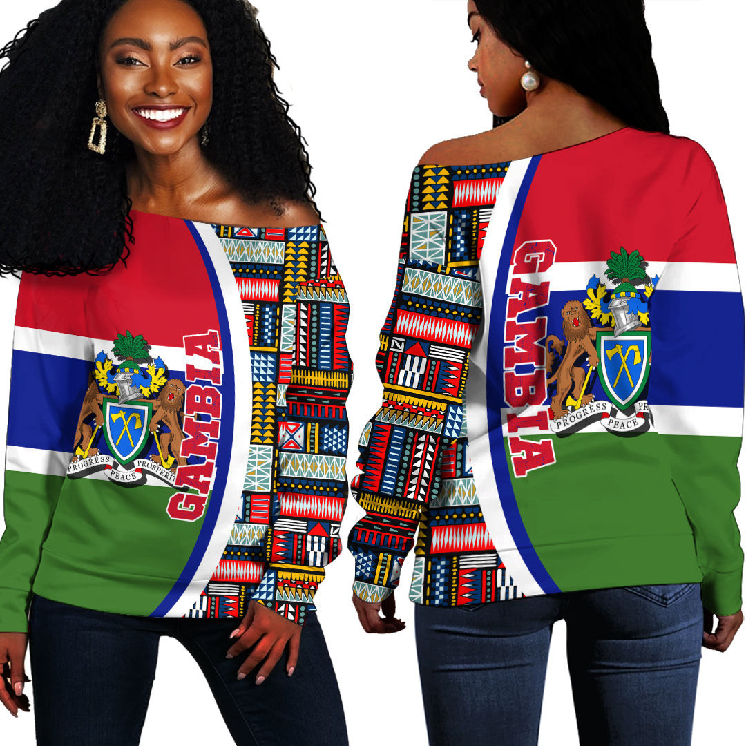 Africazone Clothing – Gambia Flag And Kente Pattern Special Women’S Off Shoulder Sweaters A35