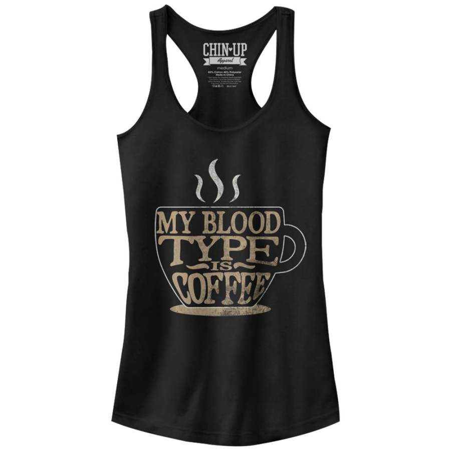 CHIN UP Junior’s My Blood Type is Coffee  Racerback Tank Black