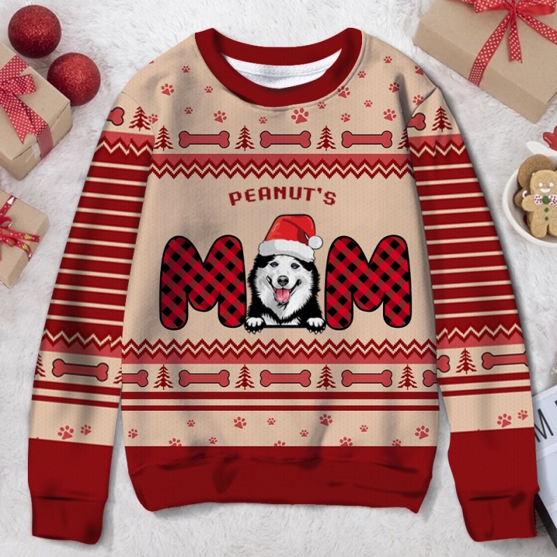 Personalized Dog Mom Ugly Christmas Sweater, Christmas Gift For Dog Lover