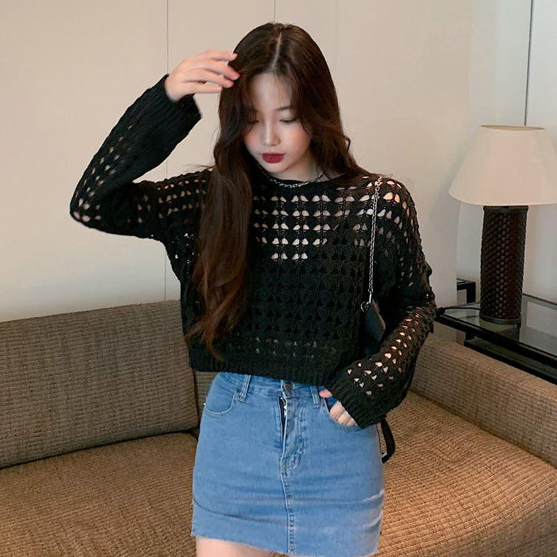 Women’s Hollow White black Knit Sweater Short Korean fashion sexy Loose Long Sleeved Fishing Net Tops Womens For Women alx