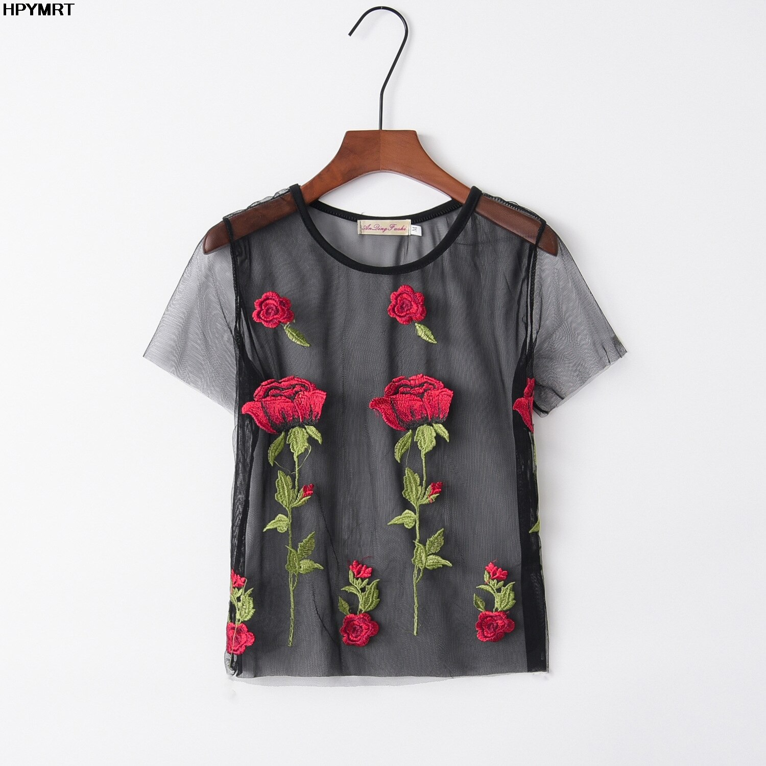 2020 New Summer fashion Women Rose flowers embroidered mesh perspective tshirt tops Sexy Elegant See-through t-Shirt female alx