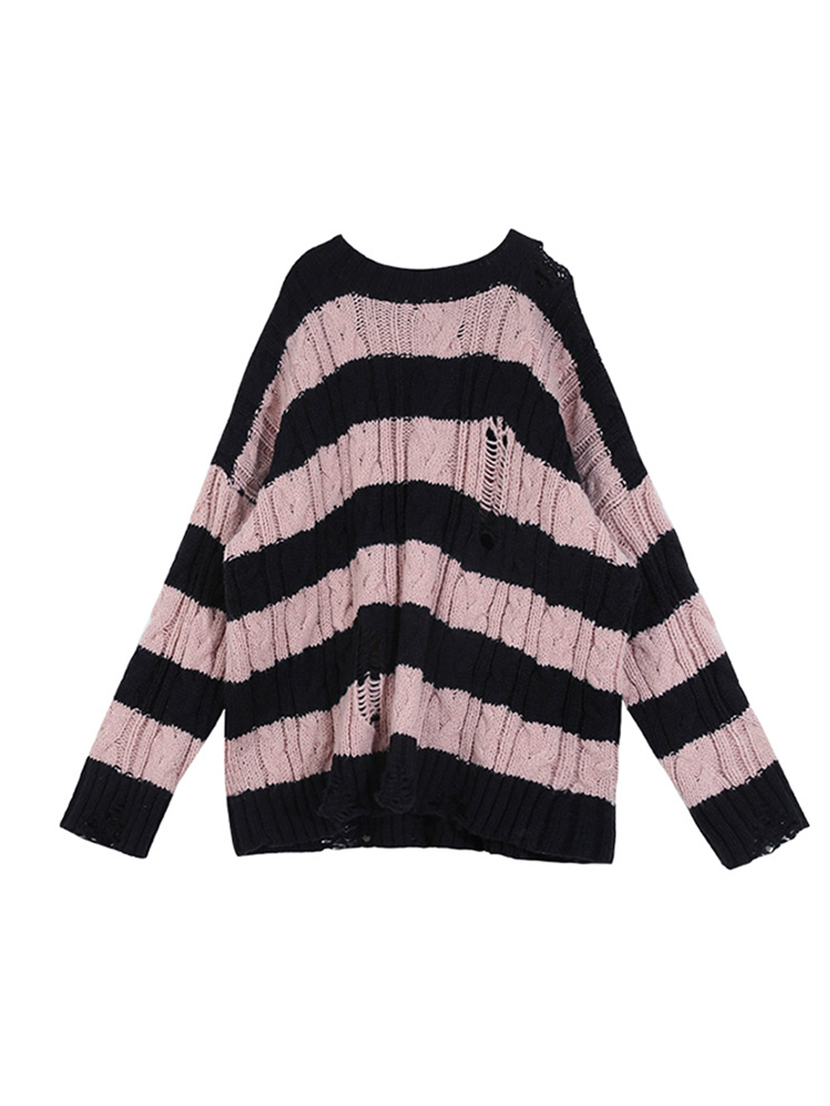 Striped Sweaters Women Punk Women Sweater Autumn Hollow Out Hole Broken Jumper Loose Oversized Pullovers Harajuku Streetwear New alx