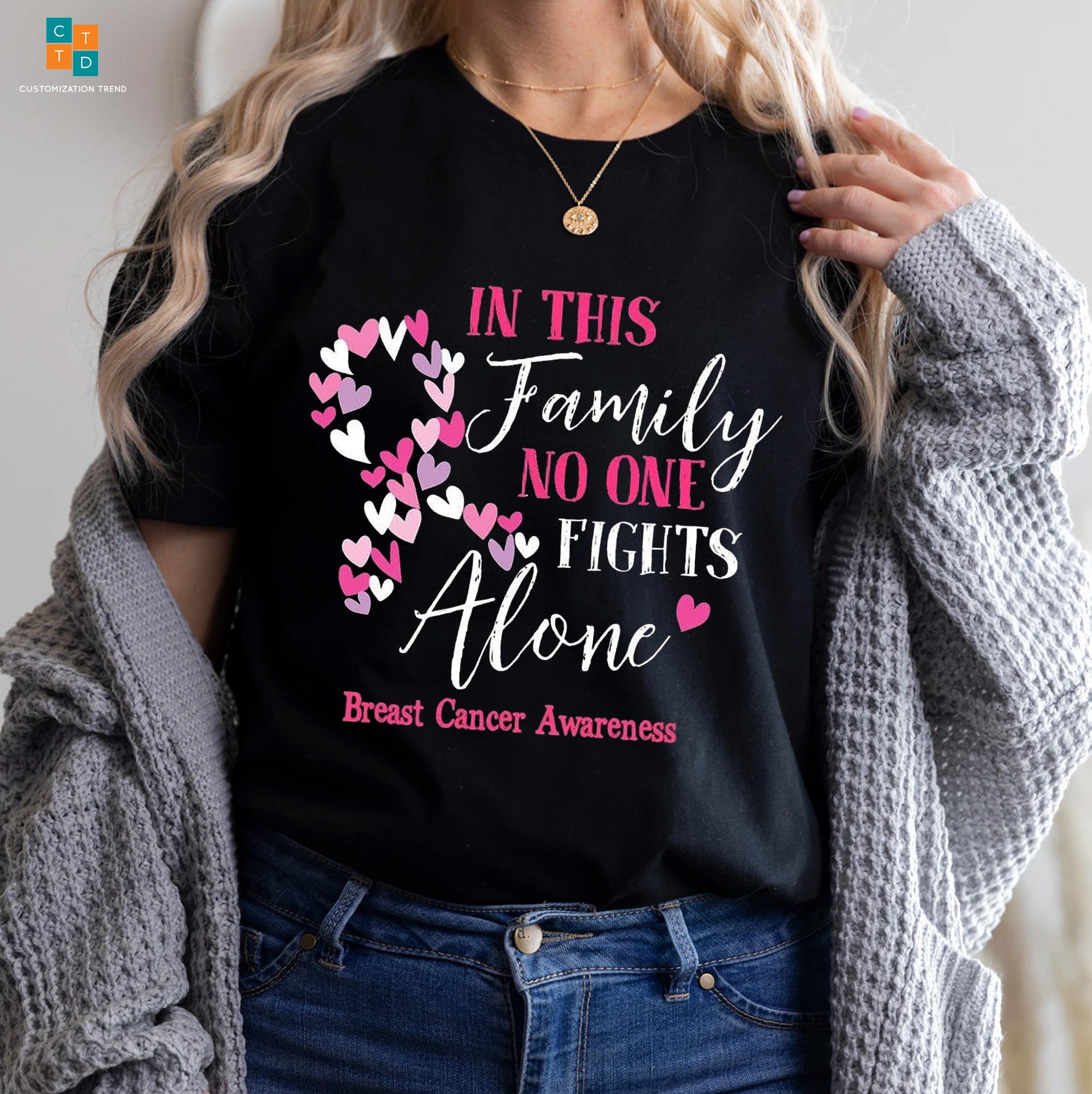 In This Family No One Fights Alone Breast Cancer Awareness Hoodie, Shirt