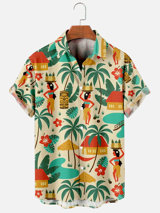 Men Retro Hippie Girl Hawaiian Short Sleeve Shirt