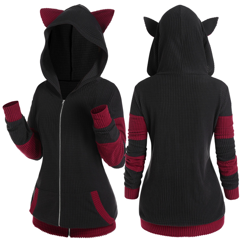 Cute Cat Ear Ribbed Colorblock Hooded Jacket With Pockets 2022 Autumn Winter Full Zipper Long Sleeve Sweater Top Wide-waist Coat alx