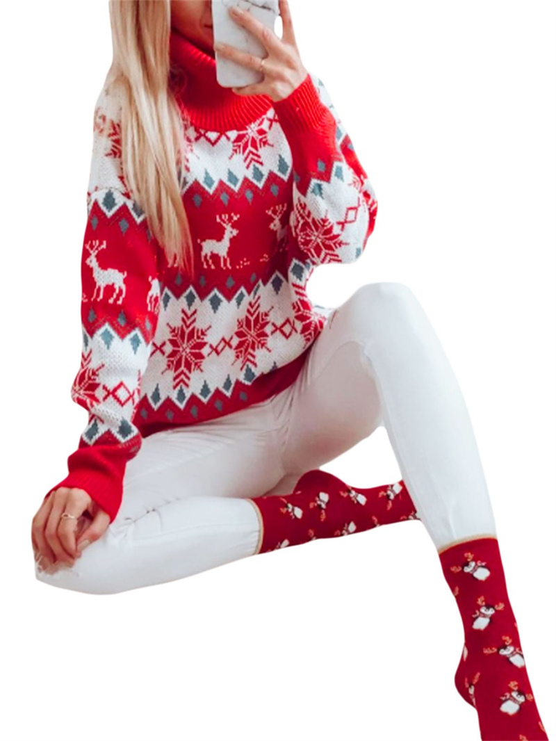 Women Christmas Sweater, Long Sleeve Jacquard Reindeer Tree Snowflake Turtleneck Knitwear, Ladies Loose Knitted Pullovers alx