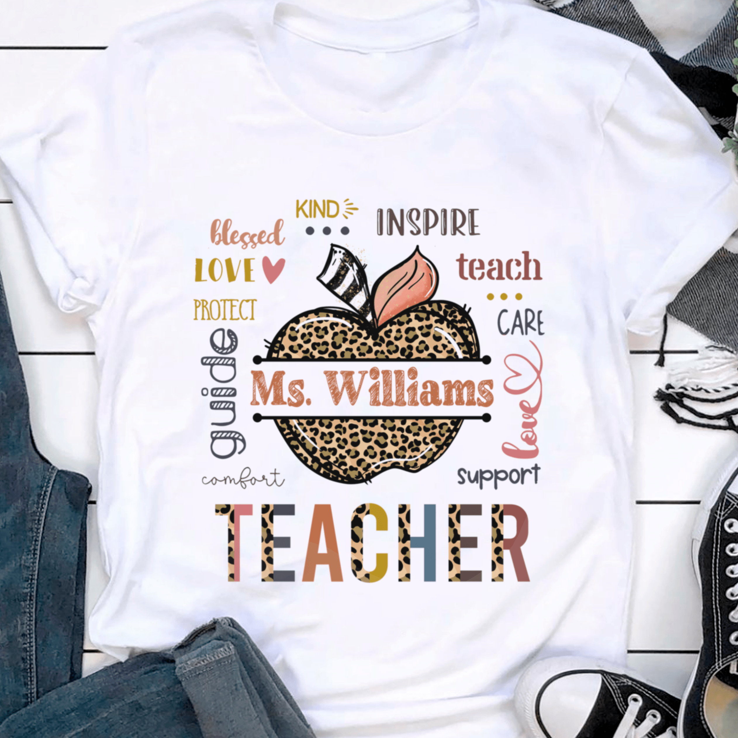 Personalized T-Shirt For Teachers Inspire Teach Colorful Leopard Apple Design Custom Name Back To School Outfit