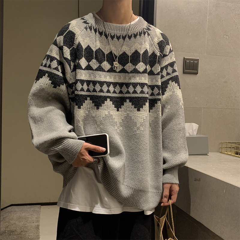 Vintage Winter Grandpa Sweater Men Casual O-Neck Jacquard Sweater Oversized Pullover Hip Hop Korean Harajuku Clothes Warm Jumper alx