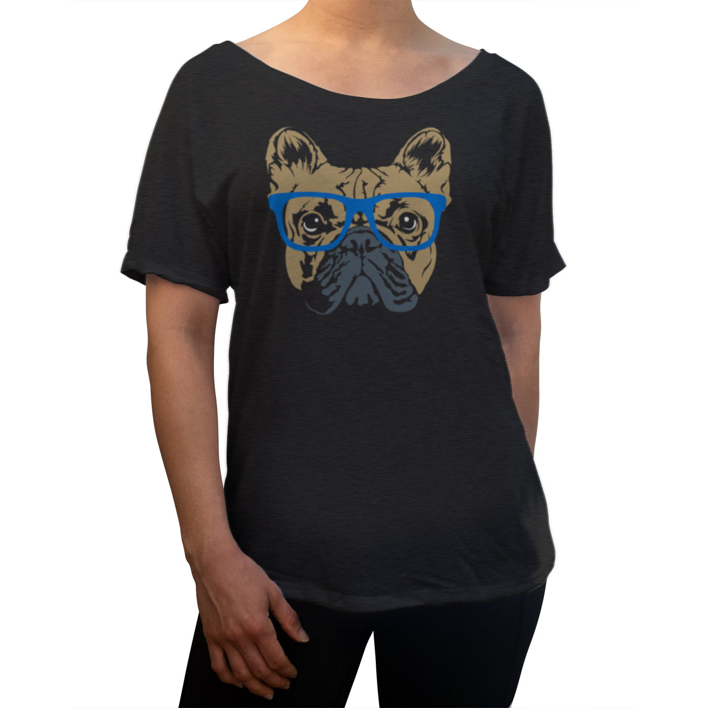 Women’S Glasses On A French Bulldog Hipster Frenchie Scoop Neck T-Shirt