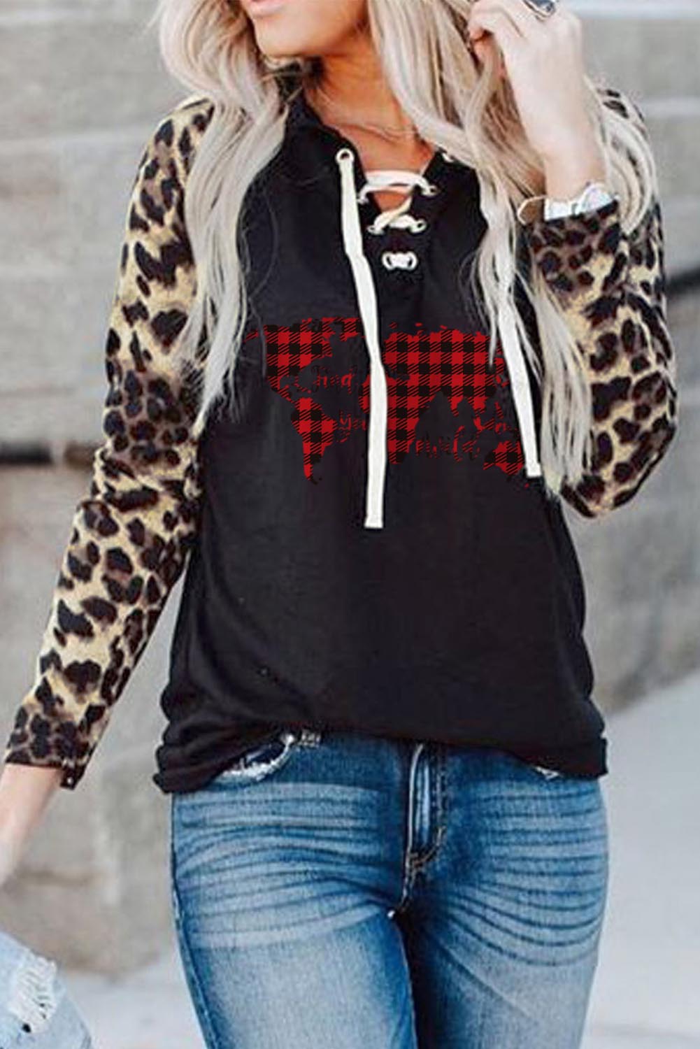 Women’S Sweatshirts Leopard Plaid Map Lace-Up Sweatshirt