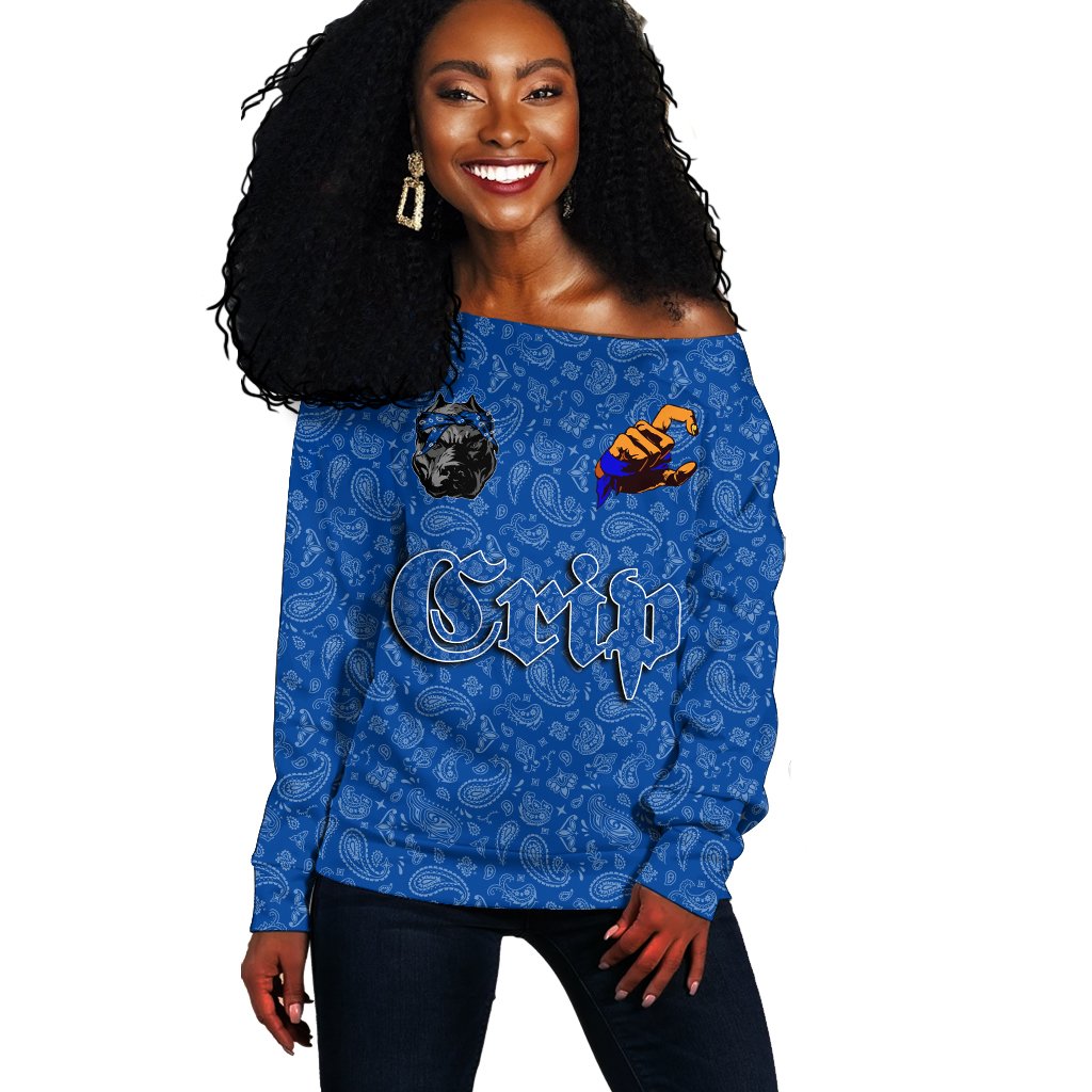 (Custom) Crips Gang Off Shoulder Sweater Blue Bandana A31