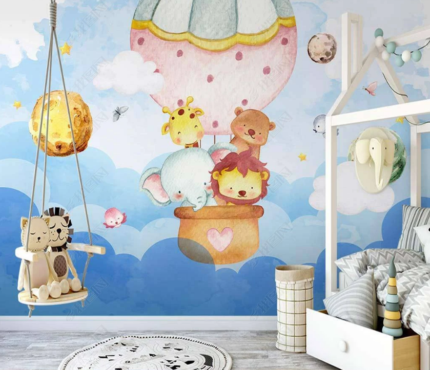 3D Cartoon Blue Sky Cloud Hot Air Balloon Animal Wall Mural Wallpaper Lqh 52