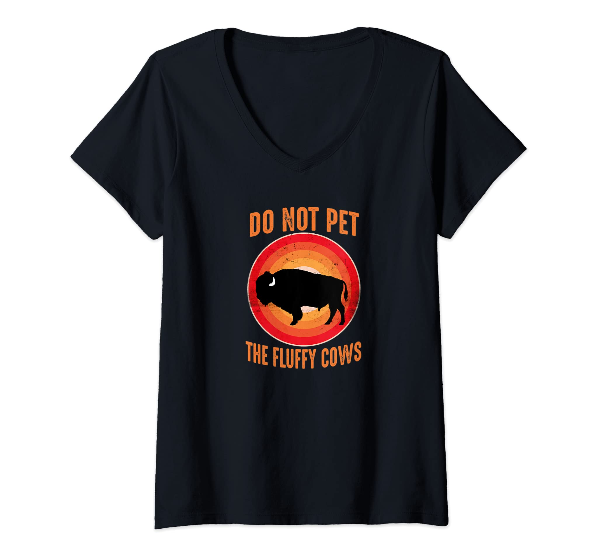 Womens National Bison Day Vintage Sunset Do Not Pet The Fluffy Cows V-Neck T-Shirt