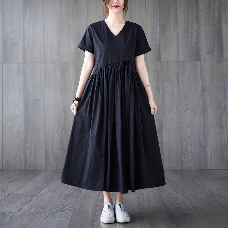 2022 New Arrival Japanese Style Patchwork Chic Black Fashion Summer Dress Office Lady Work Dress Women Casual Travel Midi Dress alx