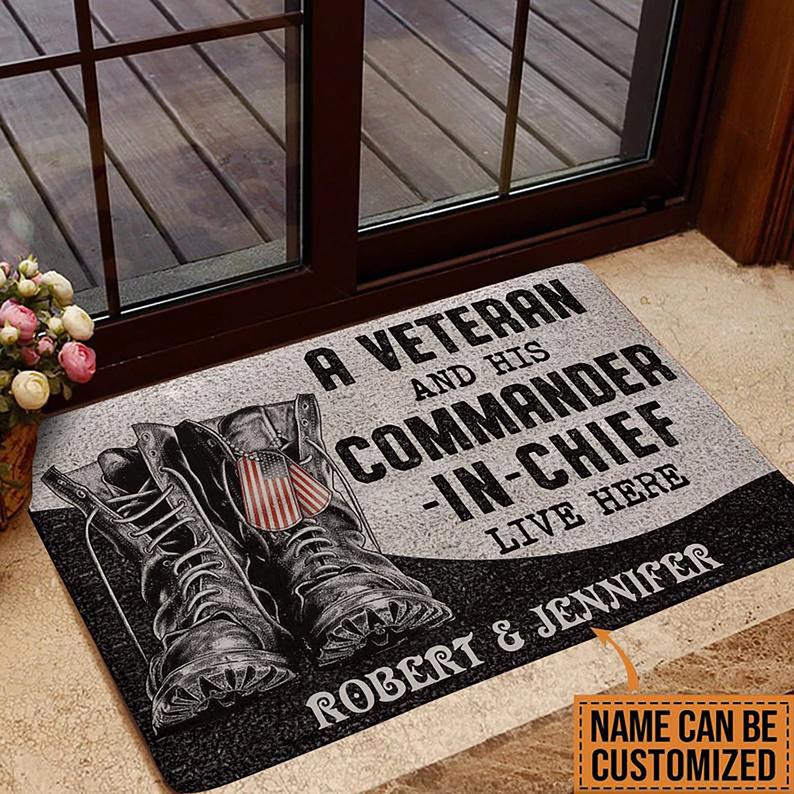 Personalized Veteran Couple Welcome Rug, Custom Doormat, A Veteran And His Commander Doormat, Housewarming Gift