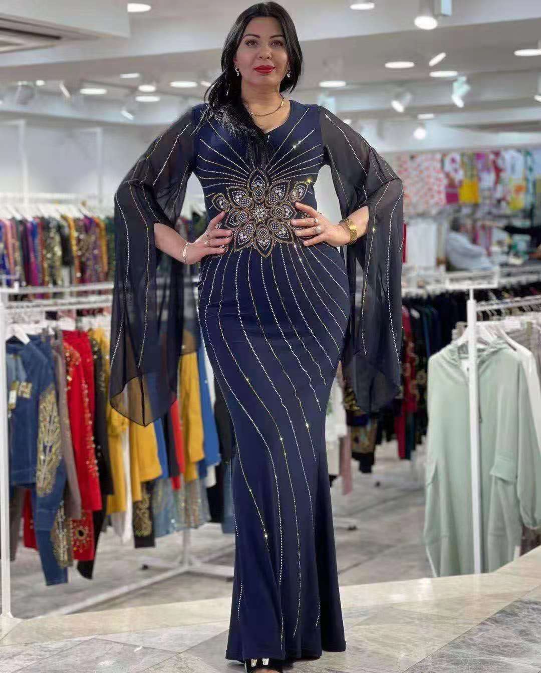 2022 New Arrival Muslim Robe Mandala Flower Rhinestone Dress Plus Size Skirt Party Dress Long Sleeve Maxi Dress alx