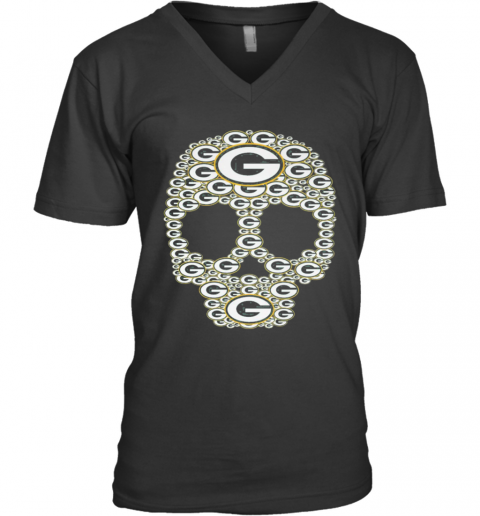 Skull Green Bay Packers Logo V-Neck T-Shirt