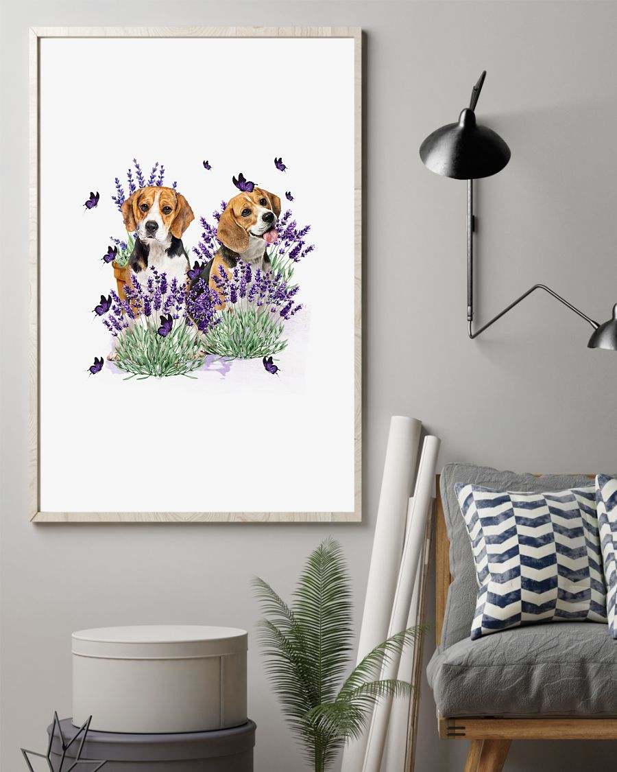 Beagle with lavender flower poster