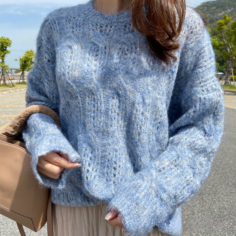 Women’s Pink Pullover Long-sleeved Hollow Knit Sweater Autumn Fashion Blue Mohair Oversized Casual Simple Soft Harajuku Sweater alx