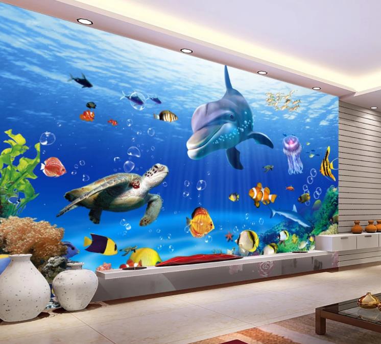 3D Ocean Animal Dolphin Turtle Blue Wall Mural Wallpaper Lll 1339