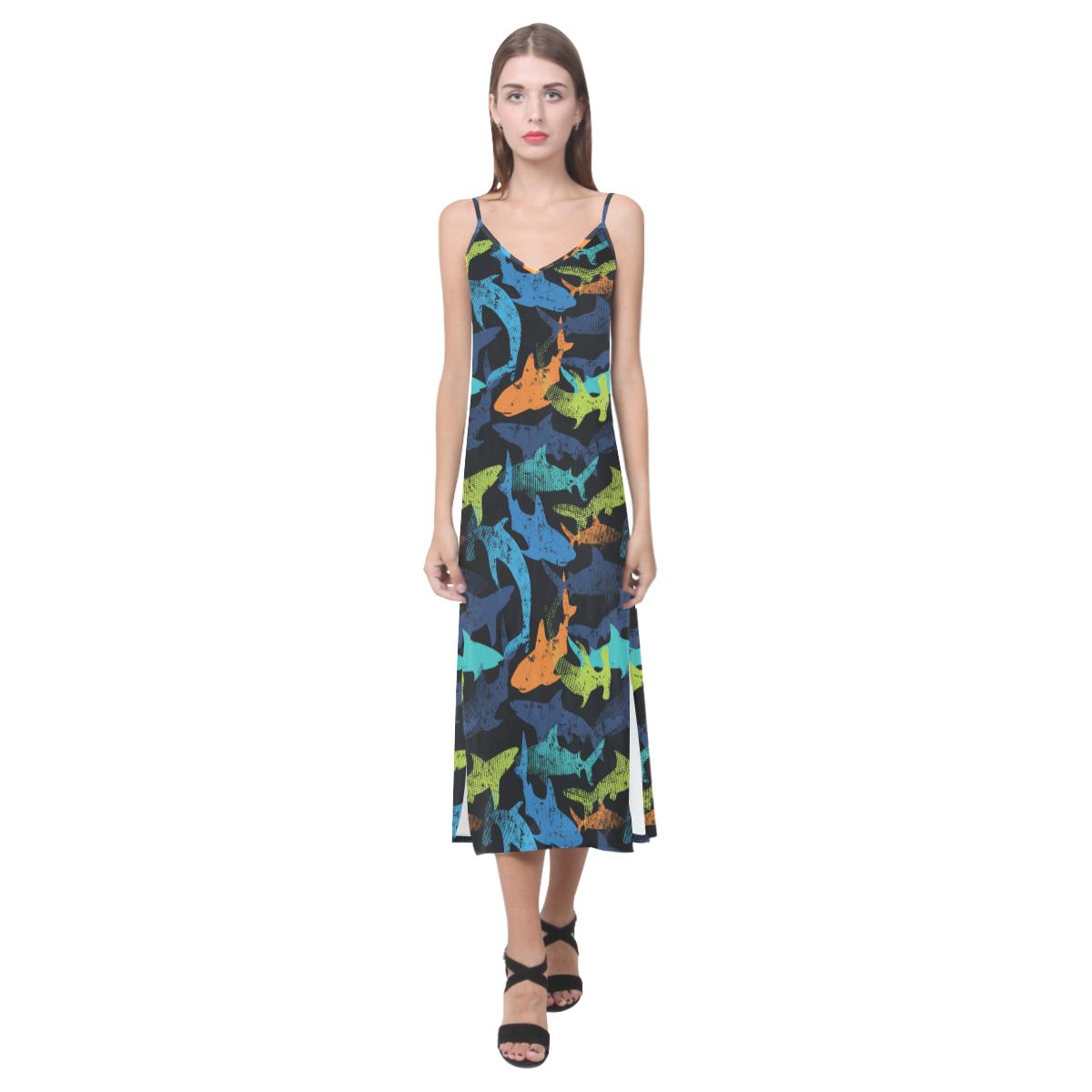 Colorful shark V-Neck Open Fork Long Dress